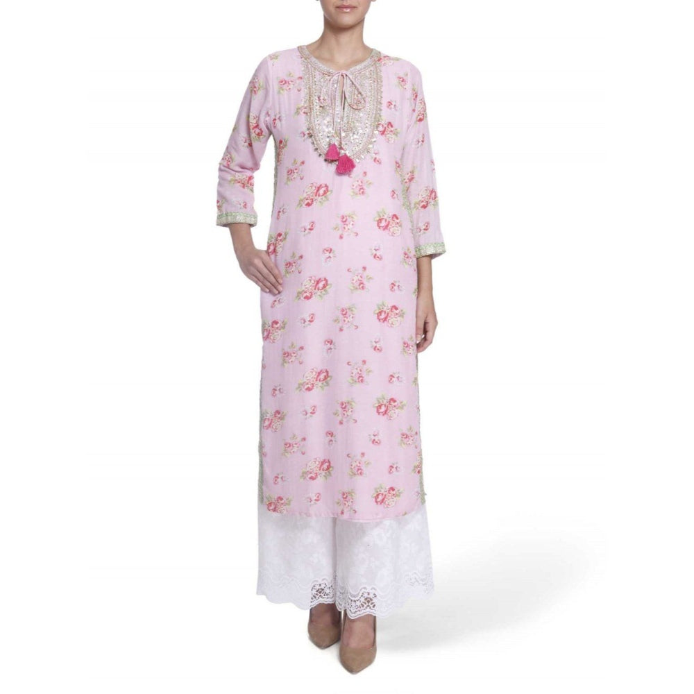 Gopi Vaid Printed Chanderi Cotton Baby Pink Straight Cut Kurta With Gotta Patti Work