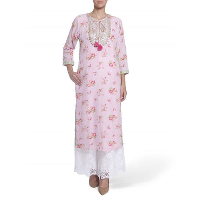Gopi Vaid Printed Chanderi Cotton Baby Pink Straight Cut Kurta With Gotta Patti Work