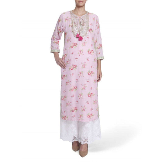 Gopi Vaid Printed Chanderi Cotton Baby Pink Straight Cut Kurta With Gotta Patti Work