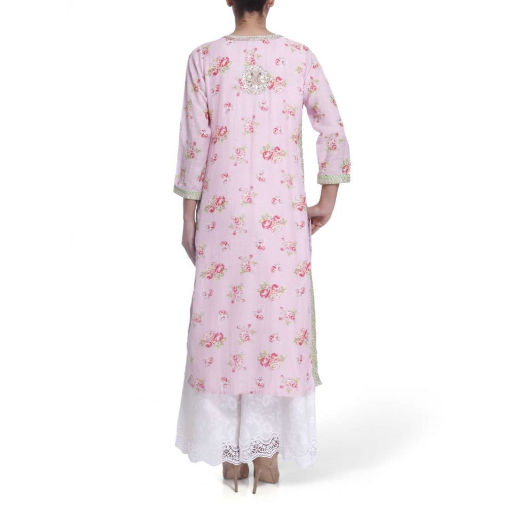 Gopi Vaid Printed Chanderi Cotton Baby Pink Straight Cut Kurta With Gotta Patti Work