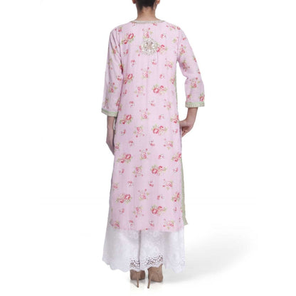 Gopi Vaid Printed Chanderi Cotton Baby Pink Straight Cut Kurta With Gotta Patti Work