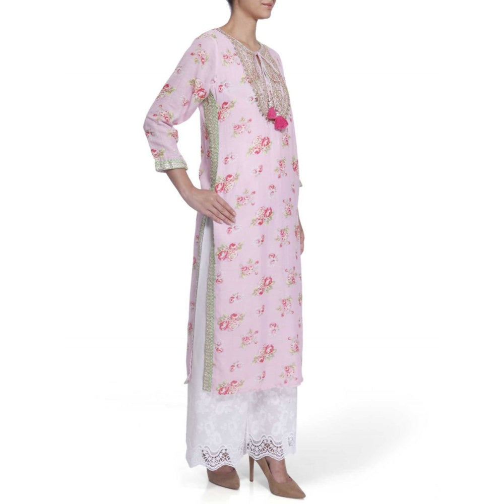 Gopi Vaid Printed Chanderi Cotton Baby Pink Straight Cut Kurta With Gotta Patti Work