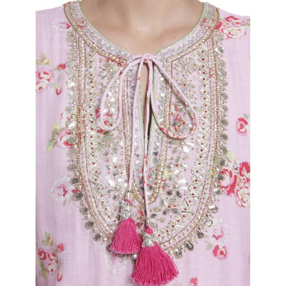 Gopi Vaid Printed Chanderi Cotton Baby Pink Straight Cut Kurta With Gotta Patti Work