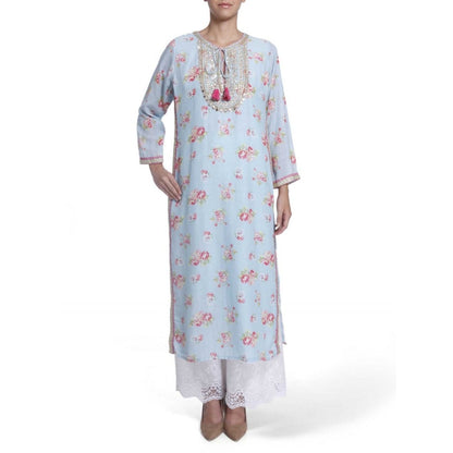 Gopi Vaid Printed Chanderi Cotton Sky Straight Cut Kurta With Gotta Patti Work