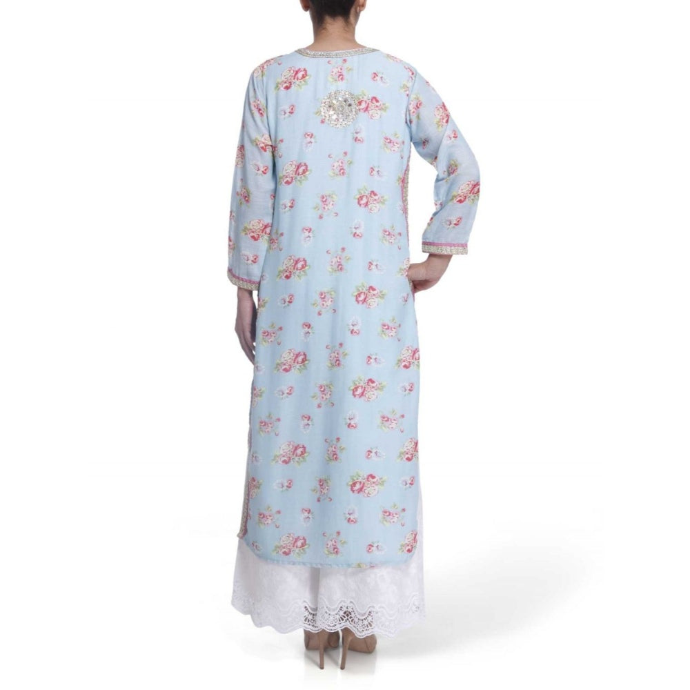 Gopi Vaid Printed Chanderi Cotton Sky Straight Cut Kurta With Gotta Patti Work