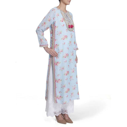 Gopi Vaid Printed Chanderi Cotton Sky Straight Cut Kurta With Gotta Patti Work