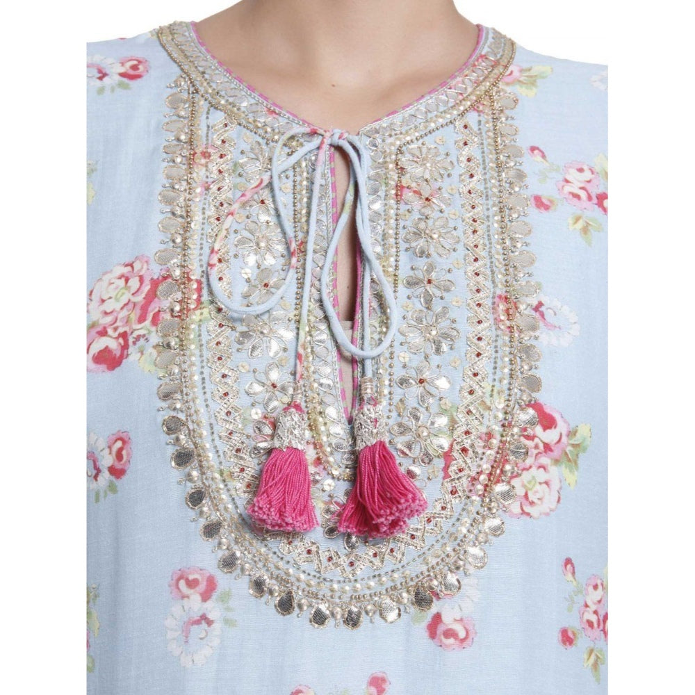 Gopi Vaid Printed Chanderi Cotton Sky Straight Cut Kurta With Gotta Patti Work