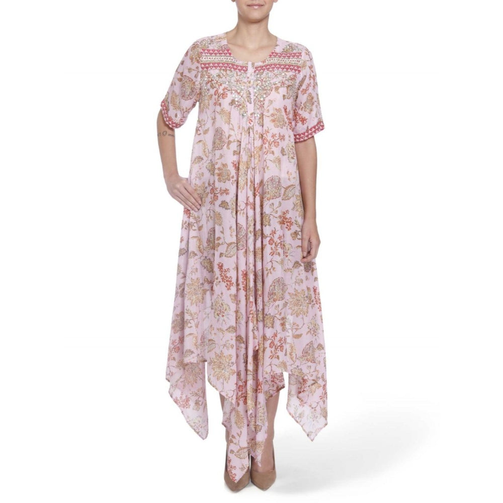 Gopi Vaid Printed Viscose Pink Asymmetric Kurta With Gotta Patti Work