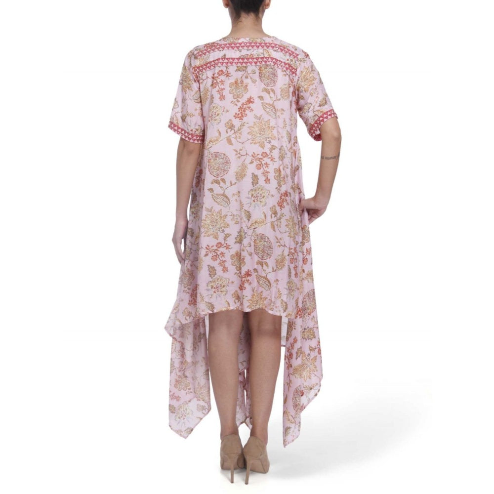 Gopi Vaid Printed Viscose Pink Asymmetric Kurta With Gotta Patti Work