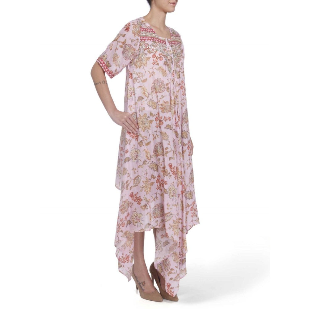 Gopi Vaid Printed Viscose Pink Asymmetric Kurta With Gotta Patti Work