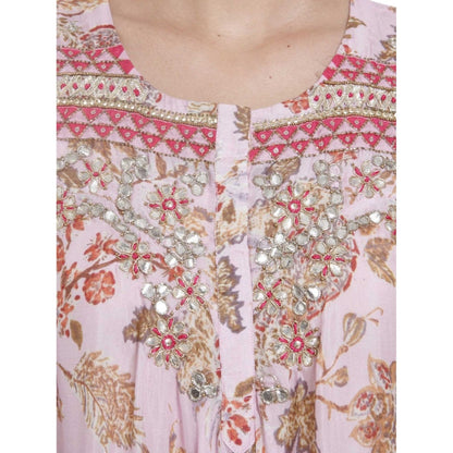 Gopi Vaid Printed Viscose Pink Asymmetric Kurta With Gotta Patti Work