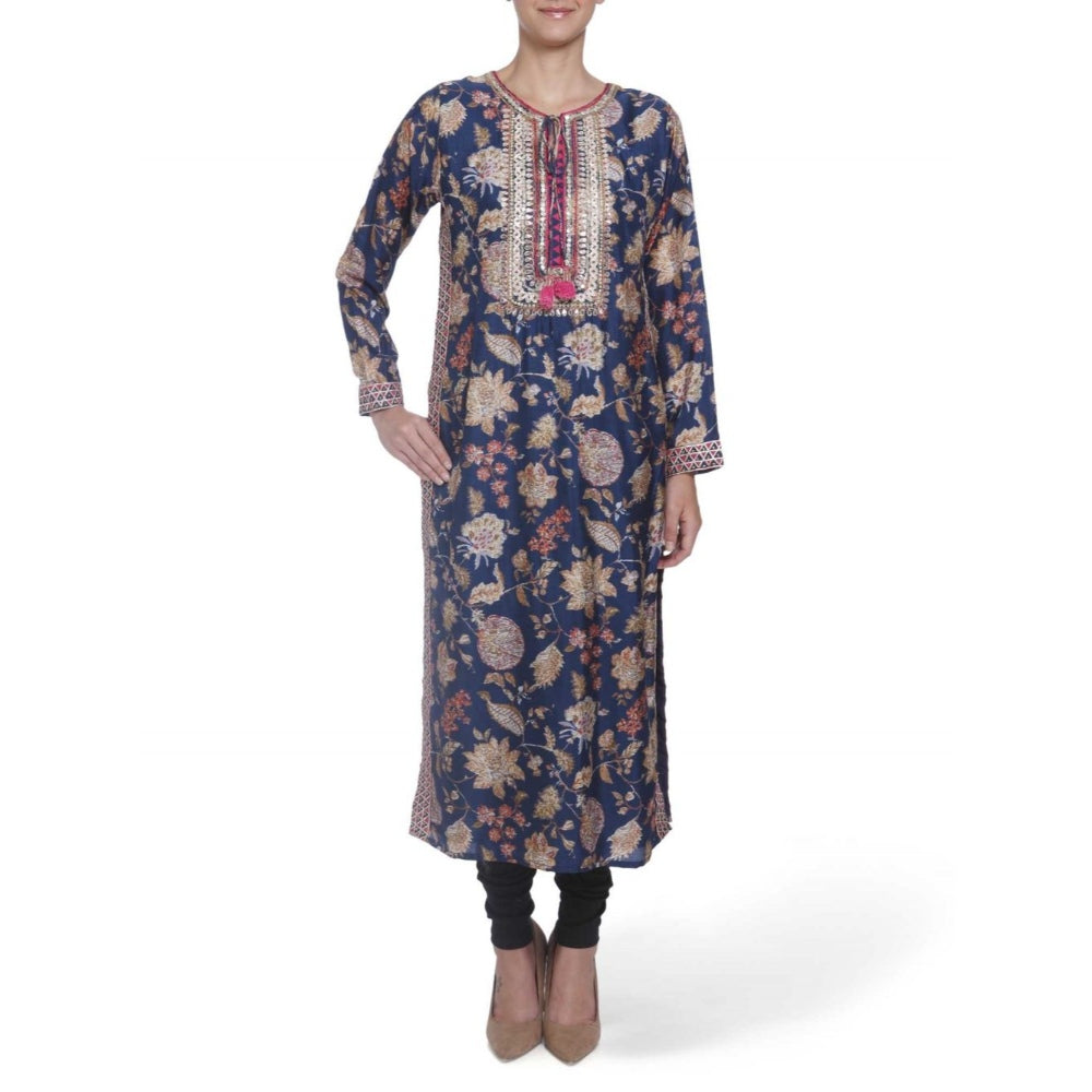 Gopi Vaid Printed Viscose Navy Straight Cut Kurta With Gotta Patti Work