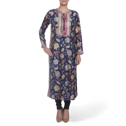 Gopi Vaid Printed Viscose Navy Straight Cut Kurta With Gotta Patti Work