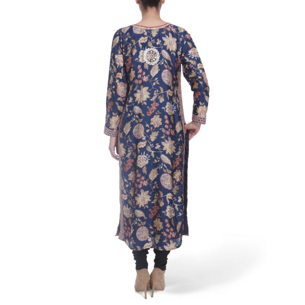 Gopi Vaid Printed Viscose Navy Straight Cut Kurta With Gotta Patti Work