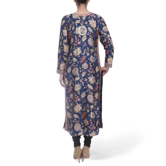 Gopi Vaid Printed Viscose Navy Straight Cut Kurta With Gotta Patti Work