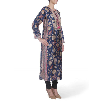 Gopi Vaid Printed Viscose Navy Straight Cut Kurta With Gotta Patti Work