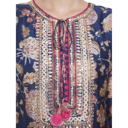 Gopi Vaid Printed Viscose Navy Straight Cut Kurta With Gotta Patti Work