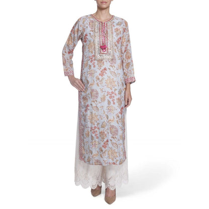 Gopi Vaid Printed Viscose Grey Straight Cut Kurta With Gotta Patti Work