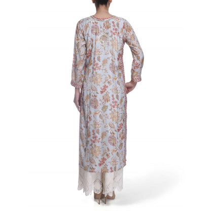 Gopi Vaid Printed Viscose Grey Straight Cut Kurta With Gotta Patti Work