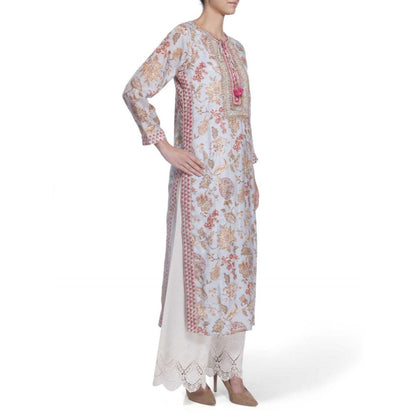 Gopi Vaid Printed Viscose Grey Straight Cut Kurta With Gotta Patti Work