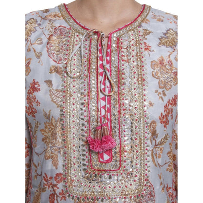 Gopi Vaid Printed Viscose Grey Straight Cut Kurta With Gotta Patti Work