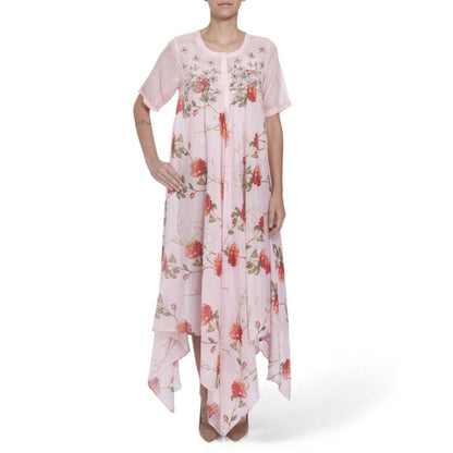 Gopi Vaid Cotton Silk Chanderi Pink Asymmetric Kurta With Gota Patti Work