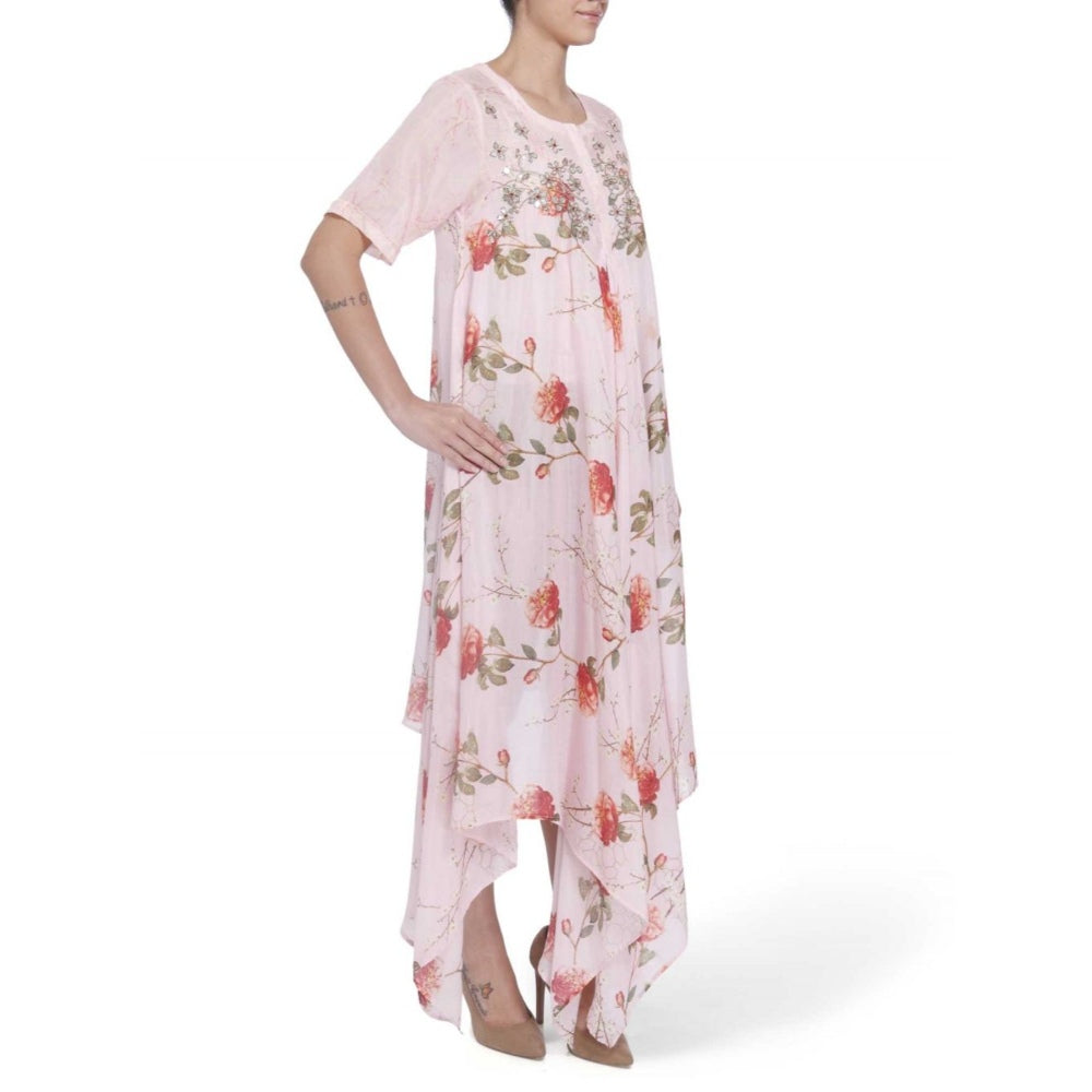 Gopi Vaid Cotton Silk Chanderi Pink Asymmetric Kurta With Gota Patti Work