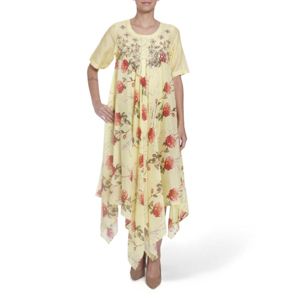 Gopi Vaid Cotton Silk Chanderi Yellow Asymmetric Kurta With Gota Patti Work