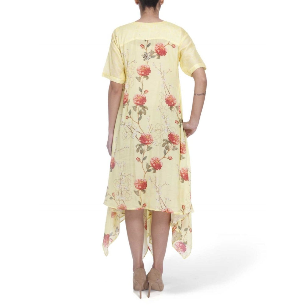 Gopi Vaid Cotton Silk Chanderi Yellow Asymmetric Kurta With Gota Patti Work