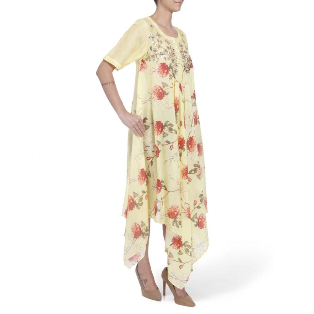 Gopi Vaid Cotton Silk Chanderi Yellow Asymmetric Kurta With Gota Patti Work