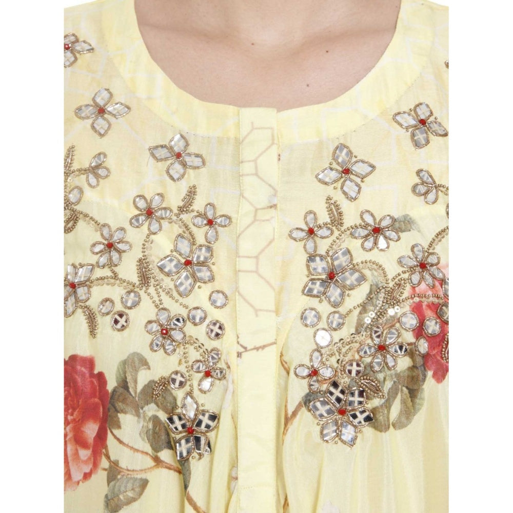 Gopi Vaid Cotton Silk Chanderi Yellow Asymmetric Kurta With Gota Patti Work