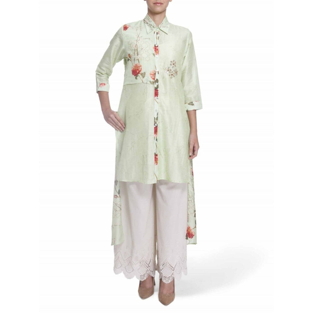 Gopi Vaid Cotton Silk Chanderi Lime High Low Shirt With Gota Patti Work