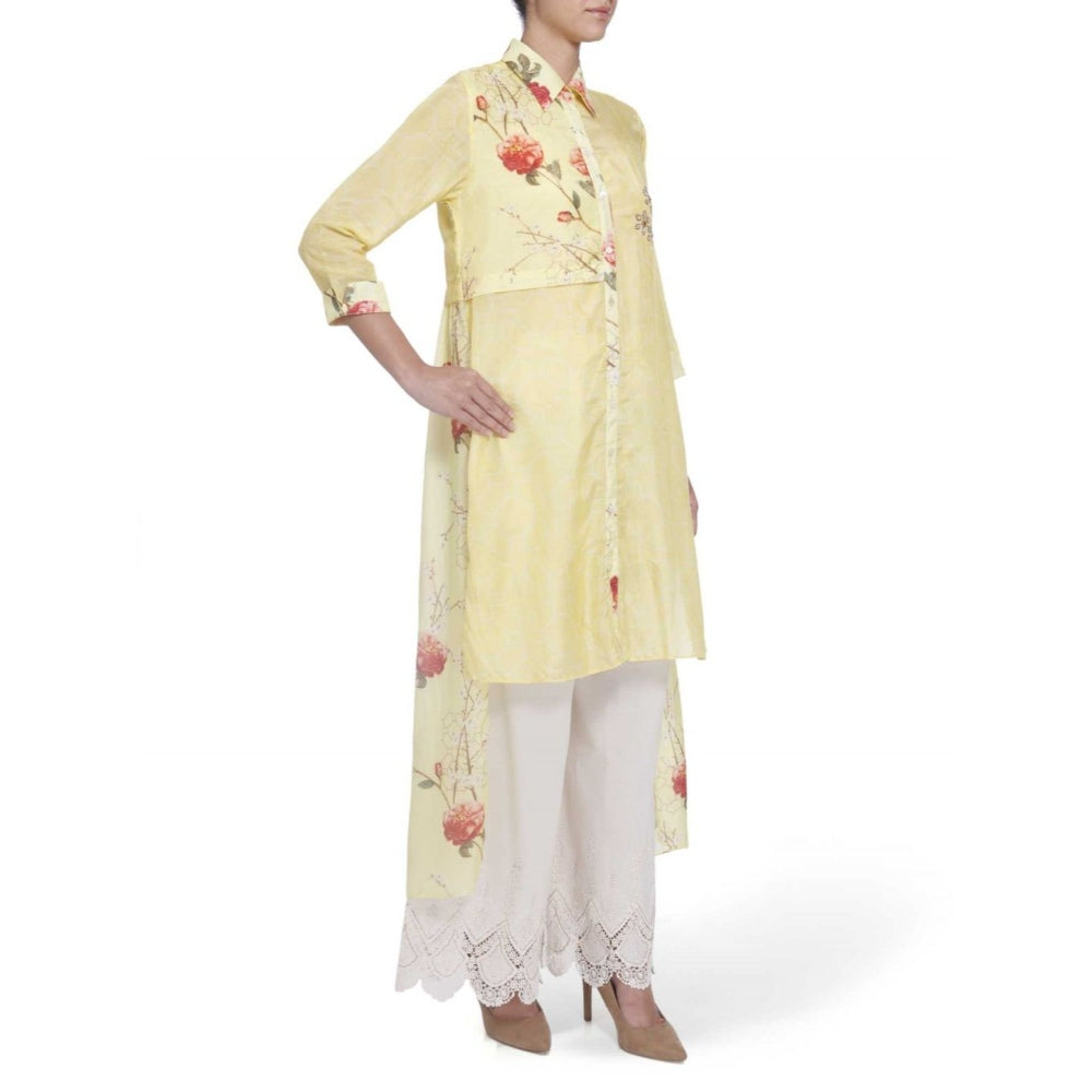 Gopi Vaid Cotton Silk Chanderi Yellow High Low Shirt With Gota Patti Work