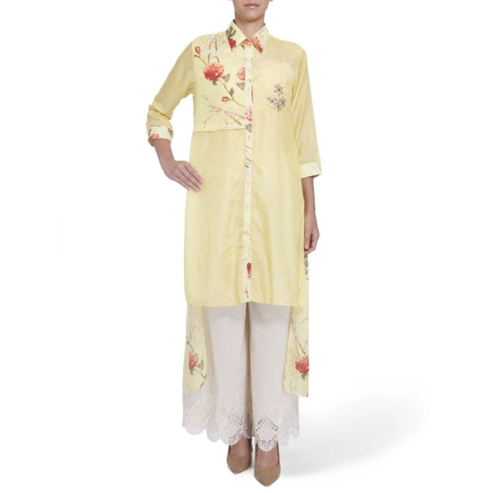 Gopi Vaid Cotton Silk Chanderi Yellow High Low Shirt With Gota Patti Work