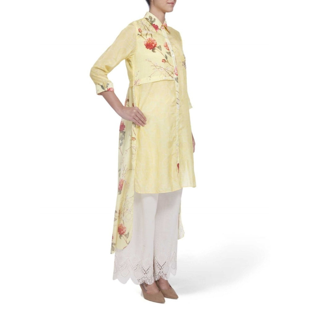 Gopi Vaid Cotton Silk Chanderi Yellow High Low Shirt With Gota Patti Work