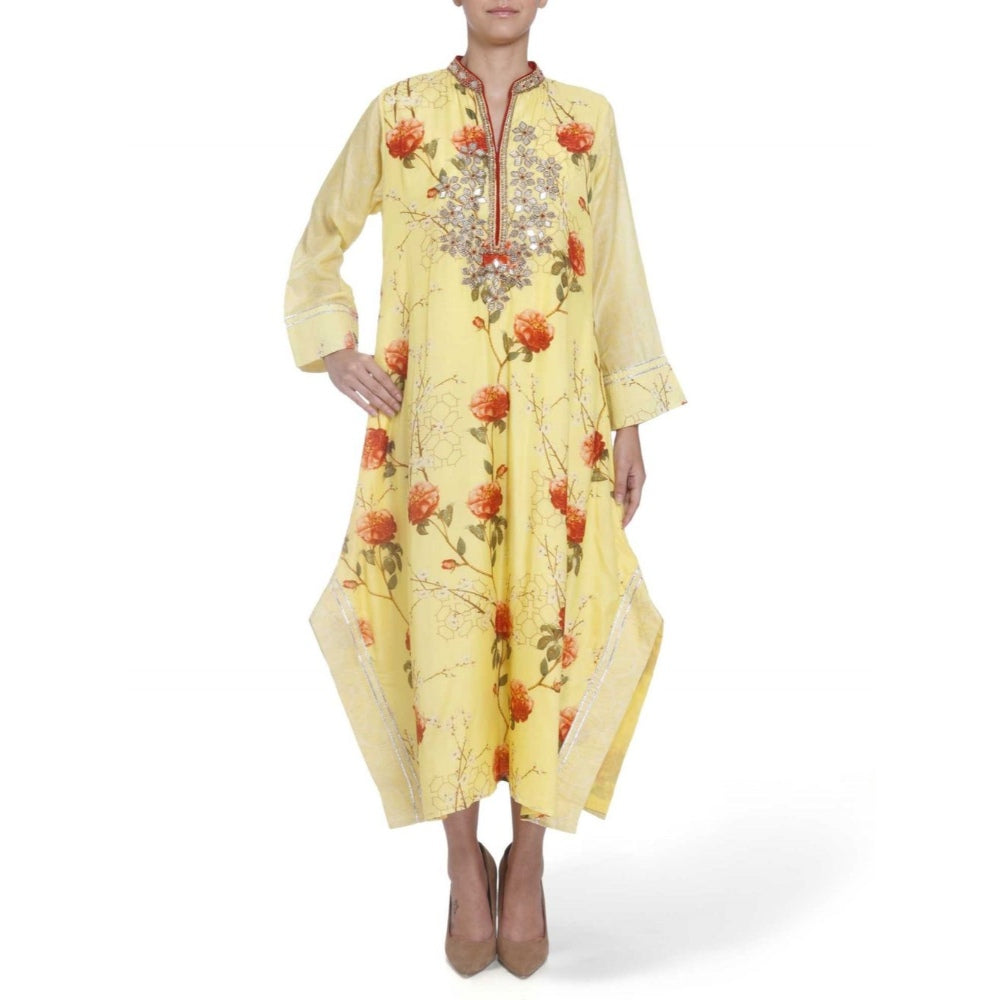 Gopi Vaid Cotton Silk Chanderi Yellow Asymmetric Kurta With Mirror Jardosi Work