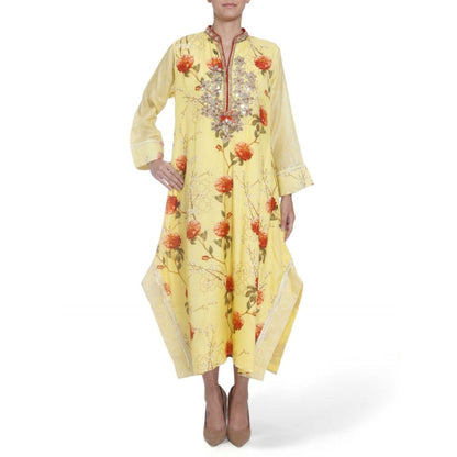 Gopi Vaid Cotton Silk Chanderi Yellow Asymmetric Kurta With Mirror Jardosi Work