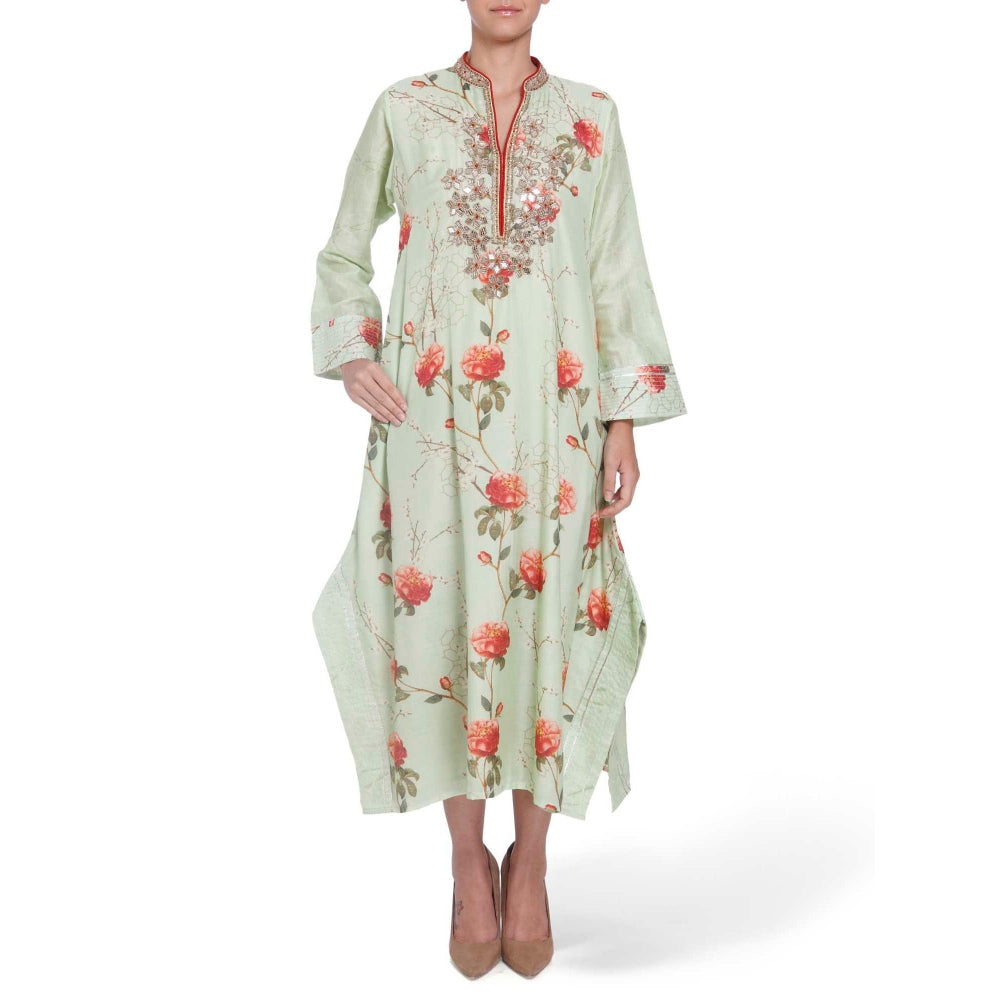 Gopi Vaid Cotton Silk Chanderi Green Asymmetric Kurta With Mirror Jardosi Work