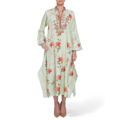 Gopi Vaid Cotton Silk Chanderi Green Asymmetric Kurta With Mirror Jardosi Work