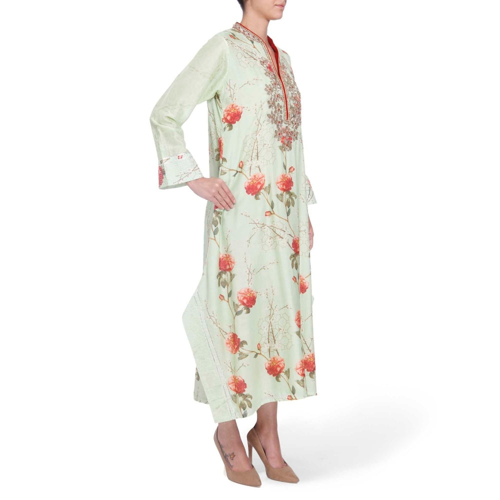 Gopi Vaid Cotton Silk Chanderi Green Asymmetric Kurta With Mirror Jardosi Work