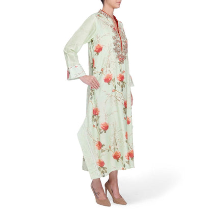 Gopi Vaid Cotton Silk Chanderi Green Asymmetric Kurta With Mirror Jardosi Work