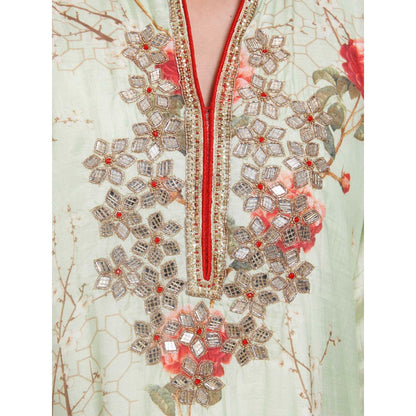 Gopi Vaid Cotton Silk Chanderi Green Asymmetric Kurta With Mirror Jardosi Work