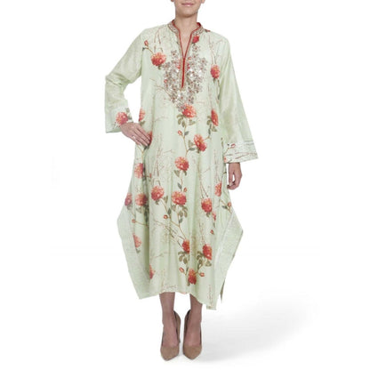 Gopi Vaid Cotton Silk Chanderi Lime Asymmetric Kurta With Mirror Jardosi Work