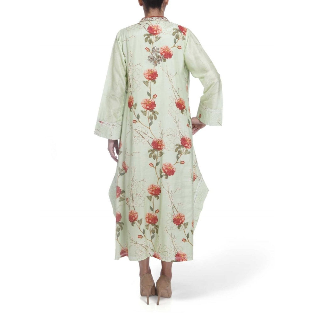 Gopi Vaid Cotton Silk Chanderi Lime Asymmetric Kurta With Mirror Jardosi Work