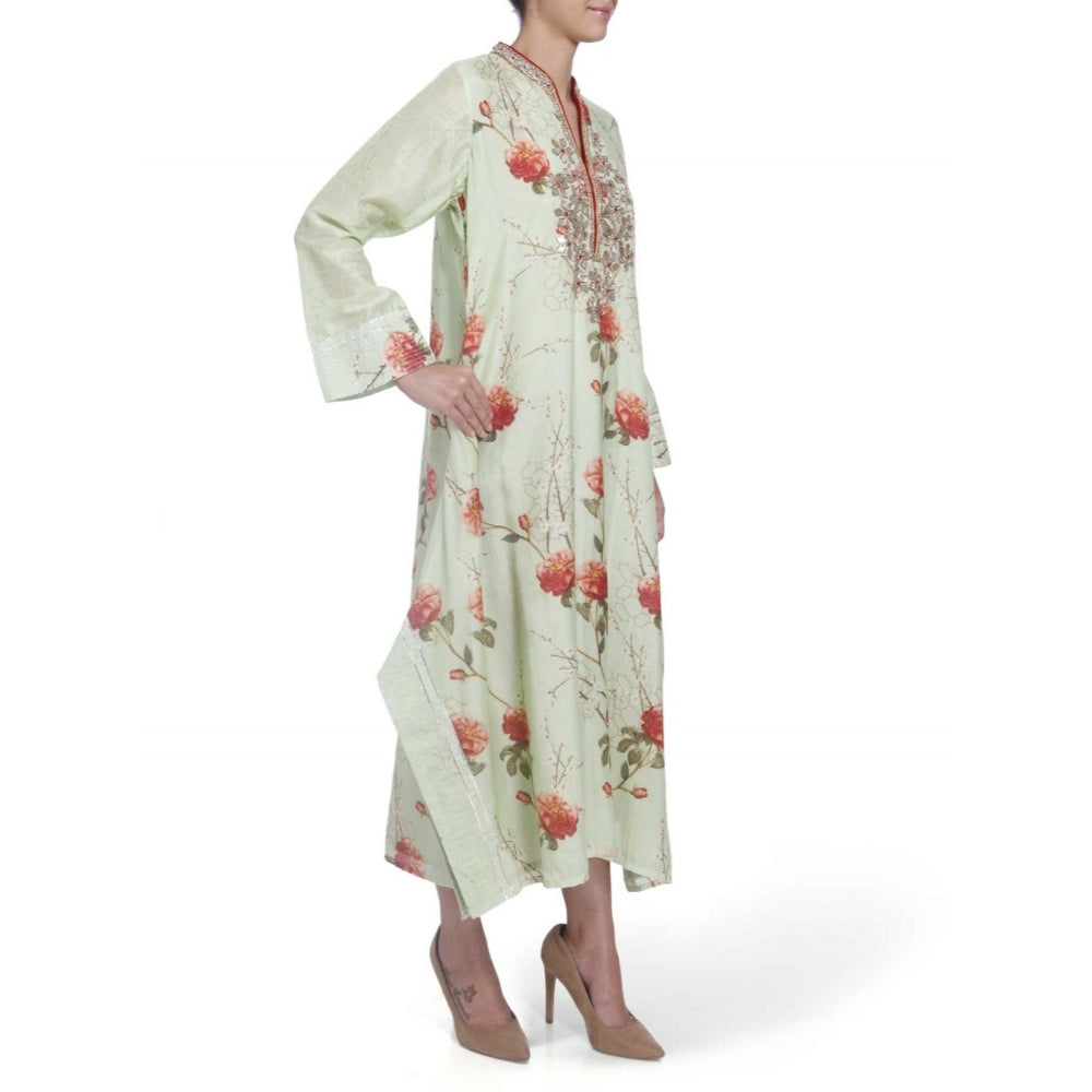 Gopi Vaid Cotton Silk Chanderi Lime Asymmetric Kurta With Mirror Jardosi Work