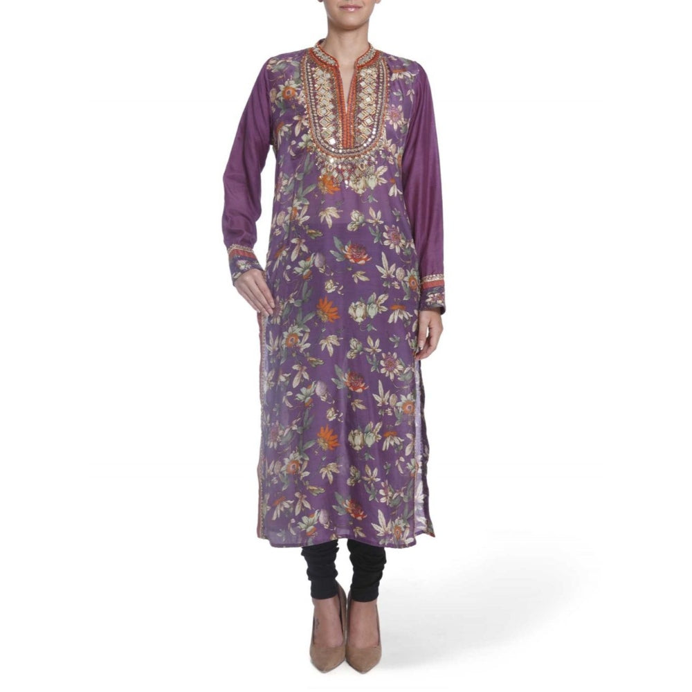 Gopi Vaid Viscose Printed Purple Straight Cut Kurta With Mirror Beads Work