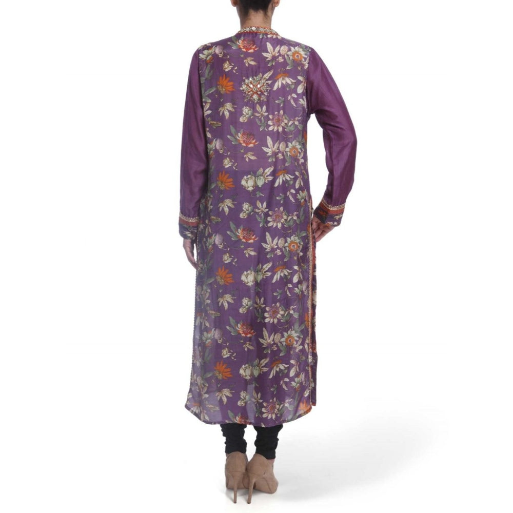 Gopi Vaid Viscose Printed Purple Straight Cut Kurta With Mirror Beads Work