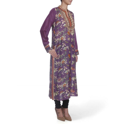 Gopi Vaid Viscose Printed Purple Straight Cut Kurta With Mirror Beads Work