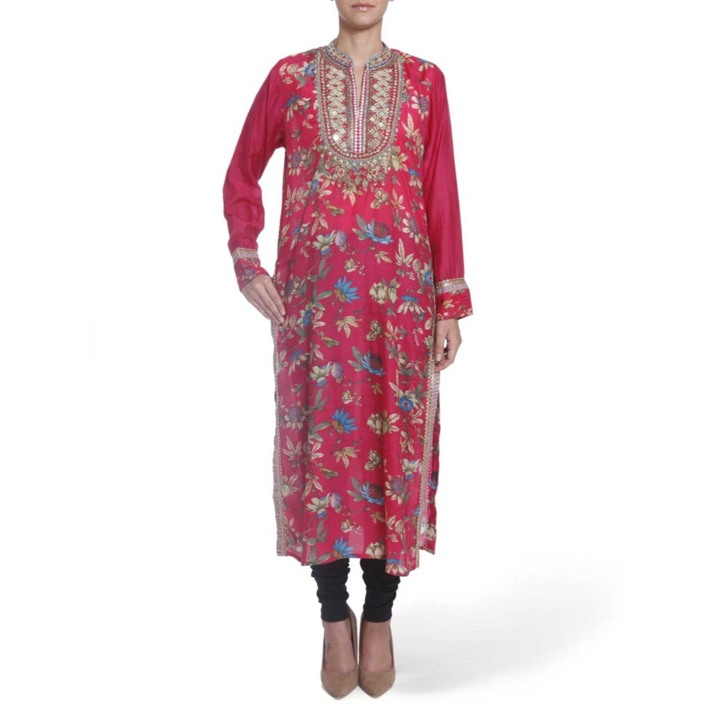 Gopi Vaid Viscose Printed Pink Straight Cut Kurta With Mirror Beads Work