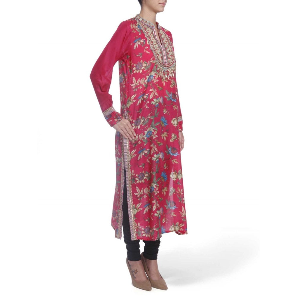 Gopi Vaid Viscose Printed Pink Straight Cut Kurta With Mirror Beads Work